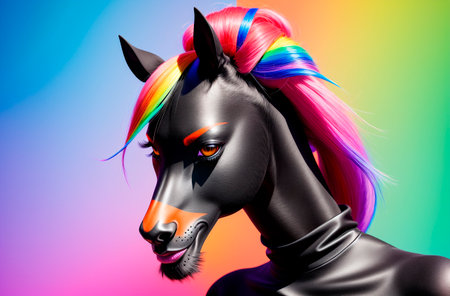 Portrait of horse in human body with bright multicolored mane. Generative AIの素材