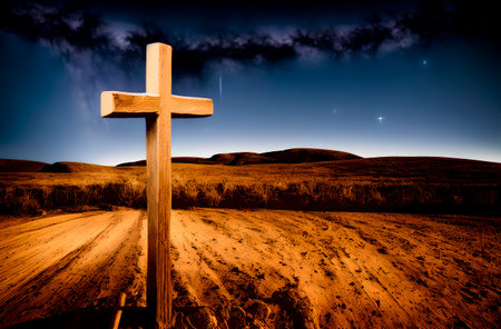 Christian cross on background of starry sky. Christian cross at night with stars in the sky. Generative AIの素材