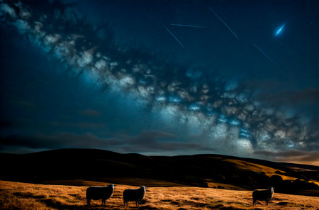 Ram on background of starry sky. Horned animal grazing at night with stars in the sky. Generative AI.の素材