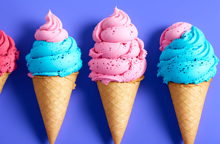 Colorful ice cream in waffle cones on color background, top viewの素材
