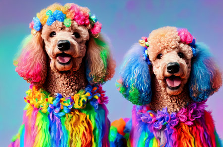 two poodles. Portrait of charming dogs with colorful multicolored curly fur. Generative AIの素材