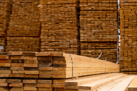 Wooden boards are stored outdoors. Wooden boards, lumber, industrial wood, timber. Pine wood timber stack of natural rough wooden boards on building site.の写真素材