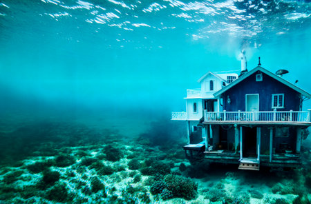 Sunken house under water. Abandoned building at bottom of ocean, sea. Generative AIの素材