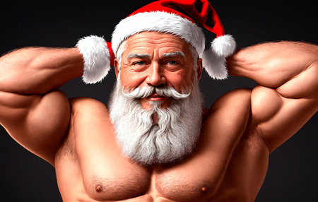 Santa claus flexing his muscles with his hands behind his headr. Generative AI.の素材