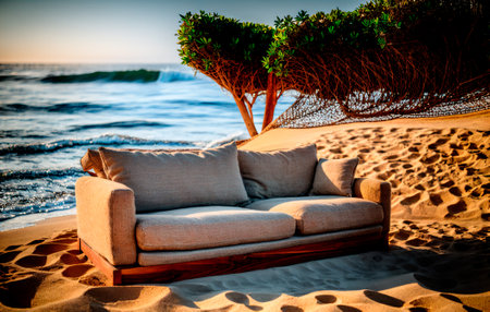 The sofa stands on a sandy beach against the background of the ocean during sunsetの素材