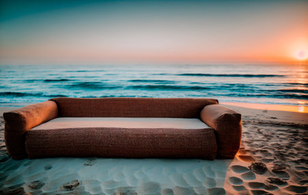 The sofa stands on a sandy beach against the background of the ocean during sunsetの素材