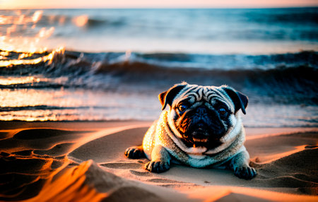 Cute pug dog walks on a sandy beach against the background of the oceanの素材