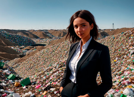 A woman in a business suit against the background of a landfill or garbage dumpの素材