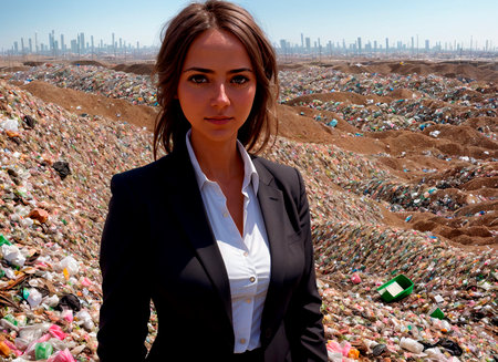 A woman in a business suit against the background of a landfill or garbage dumpの素材