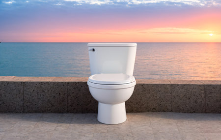 Toilet bowl on the terrace with sea view and sunset.の素材