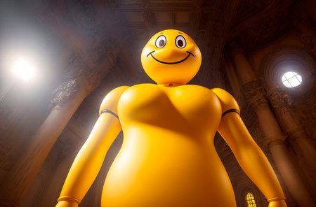 3d rendering of a yellow robot in front of a theater stageの素材