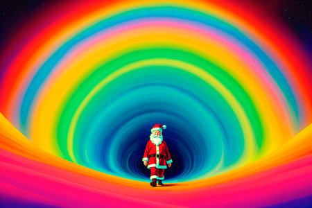 Santa Claus in a tunnel of rainbow colors. Christmas and New Year concept.の素材