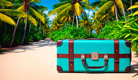 A tourist suitcase on the background of a tropical landscape. Concept: vacation or tourism.の素材