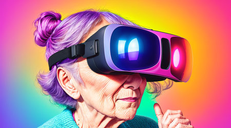 Portrait of an elderly woman wearing virtual reality glasses on a colorful background. Beautiful grandmother in VR goggleの素材