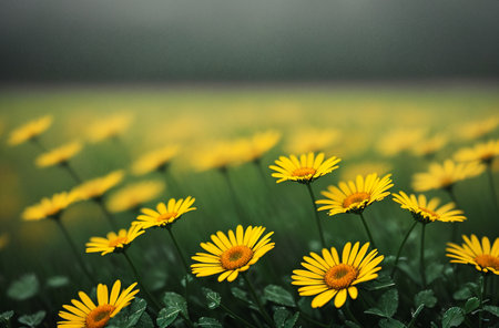 yellowdaisies on a green meadow in the fog. Generative AI.の素材