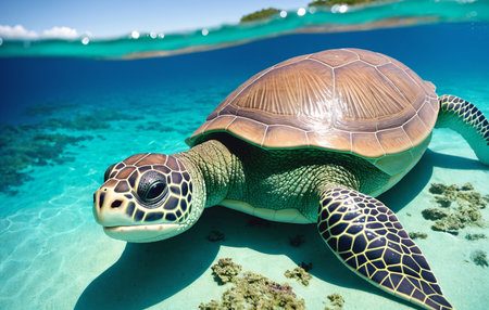 Close-up of a turtle swimming in the oceanの素材