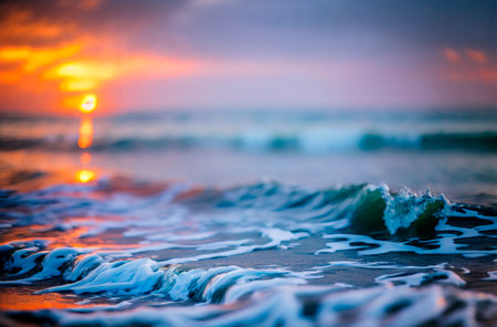 Beautiful sunrise on the beach. Colorful sky over the sea.の素材
