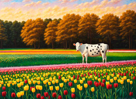 White cow in tulip field. beautiful springの素材