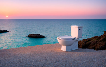 Toilet bowl on the terrace with sea view and sunset.の素材