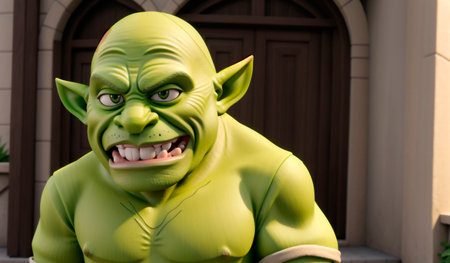 Portrait of terrifying green orc. Fantastic creature. Troll with frightening facial expression. Monster. Generative AI.の素材