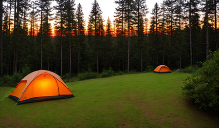 Tourist tent in forest at sunset. travel concept. Generative AIの素材