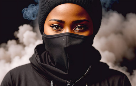 An African-American woman wearing a mask on a black background with smoke, the concept of protest.の素材