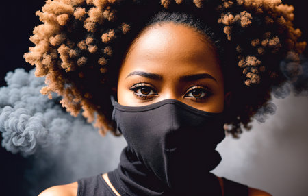 An African-American woman wearing a mask on a black background with smoke, the concept of protest.の素材
