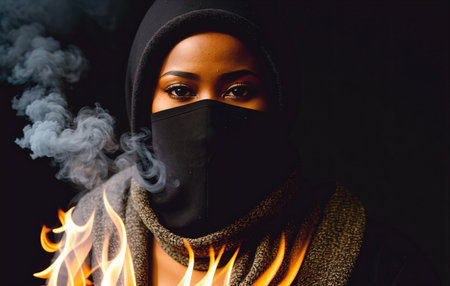 An African-American woman wearing a mask on a black background with smoke, the concept of protest.の素材