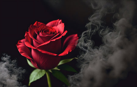 Abstract heavy red rose. Black background in smoke with red rose petalsの素材