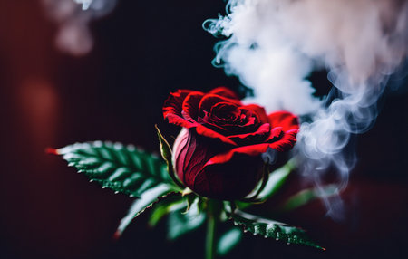 Abstract heavy red rose. Black background in smoke with red rose petalsの素材