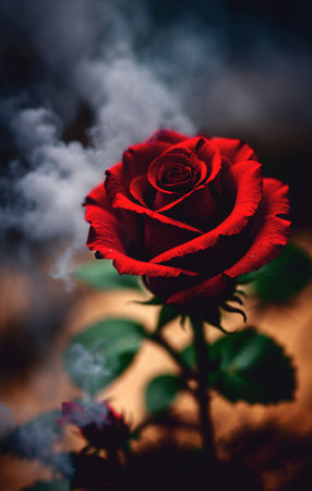 Abstract heavy red rose. Black background in smoke with red rose petalsの素材