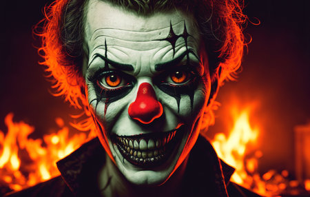 A creepy inducing clown on the background of a burning city. Horror clown monsterの素材