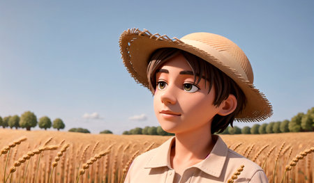 Farmer man in a straw hat on the background of the countryside. Generative AIの素材