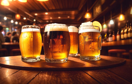beer. Full glass of alcoholic beverage on bar counter. Generative AIの素材