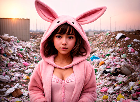 A beautiful girl in a pink rabbit costume on the background of a landfill or garbage dump. Generative AIの素材