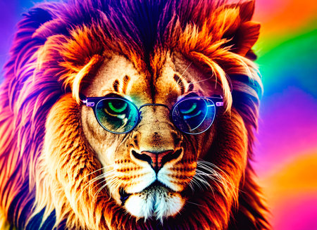 Portrait of a lion with sunglasses. multicolored background.の素材