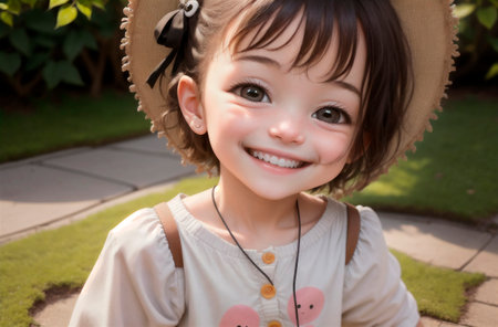 Little positive girl in city park. Portrait of happy kid with smile on walk. Generative AIの素材