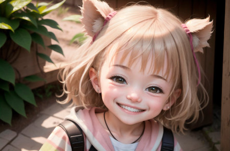 Little positive girl in city park. Portrait of happy kid with smile on walk. Generative AIの素材