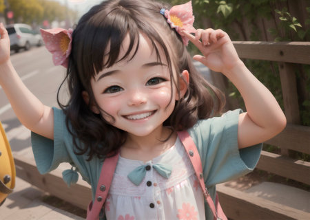 Little positive girl on city street. Portrait of happy kid with smile on walk. Generative AIの素材