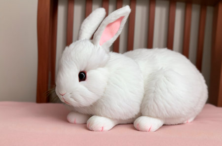 A toy of a white plush rabbit in the children's roomの素材