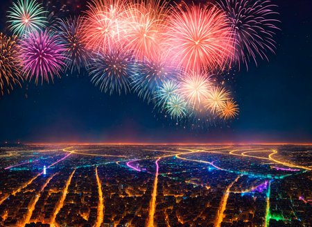 fireworks with colorful fireworks over megacitiesの素材