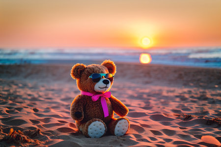 Teddy bear in sunglasses on sandy beach by sea, ocean at sunset. Generative AIの素材