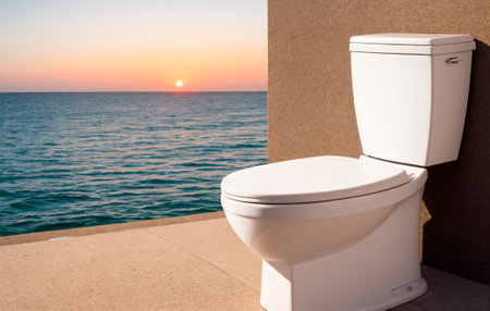 Toilet bowl on the terrace with sea view and sunset.の素材