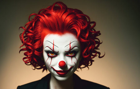Portrait of a women clown with red hair on a black background.の素材