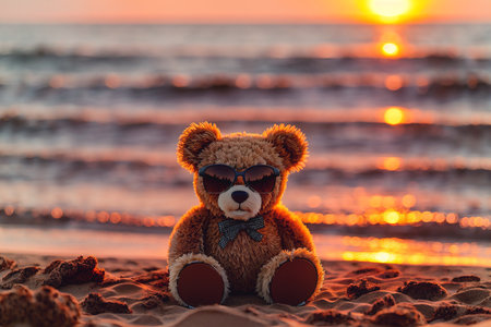 Teddy bear in sunglasses on sandy beach by sea, ocean at sunset. Generative AIの素材