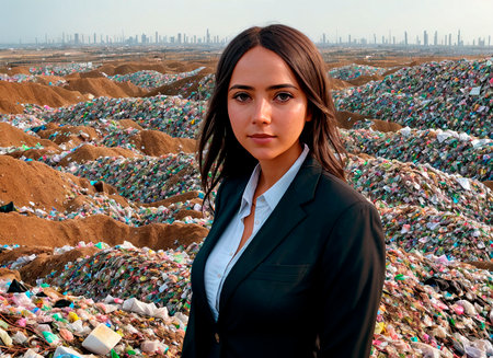 A woman in a business suit against the background of a landfill or garbage dumpの素材