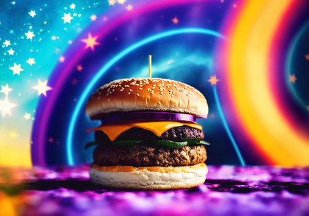 Big tasty hamburger on the background of cosmic space with stars.の素材