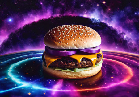 Big tasty hamburger on the background of cosmic space with stars.の素材
