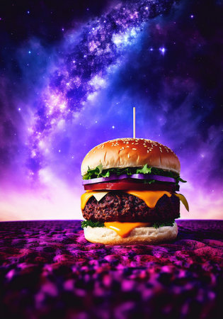 Big tasty hamburger on the background of cosmic space with stars.の素材