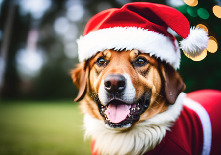 dog wearing santa claus hat on christmas backgroundの素材